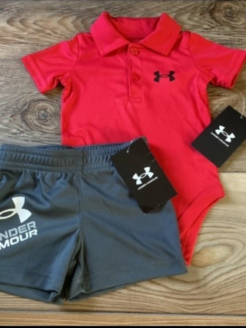 Under Armour Boys Red Polo Bodysuit &  Athletic Shorts Size 0/3M(NWT)